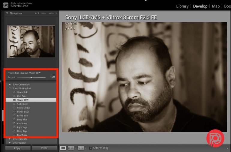 A sepia portrait of a man edited in Lightroom, with B&W preset options visible on the left panel.