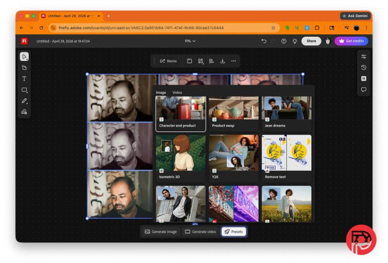 A computer screen shows Adobe Firefly AI with character image thumbnails and options to edit or generate images.