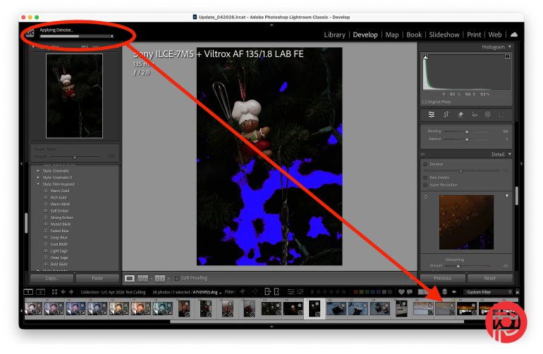 Screenshot of Adobe Lightroom with the Applying Denoise... process highlighted on a photo of a Christmas ornament.