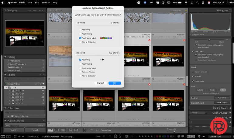 Lightroom screenshot with a batch actions dialog open, showing photo selections and culling options.