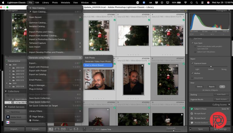 Screenshot of Adobe Lightroom Classic with the File menu open and various photos of Christmas trees and a man displayed.