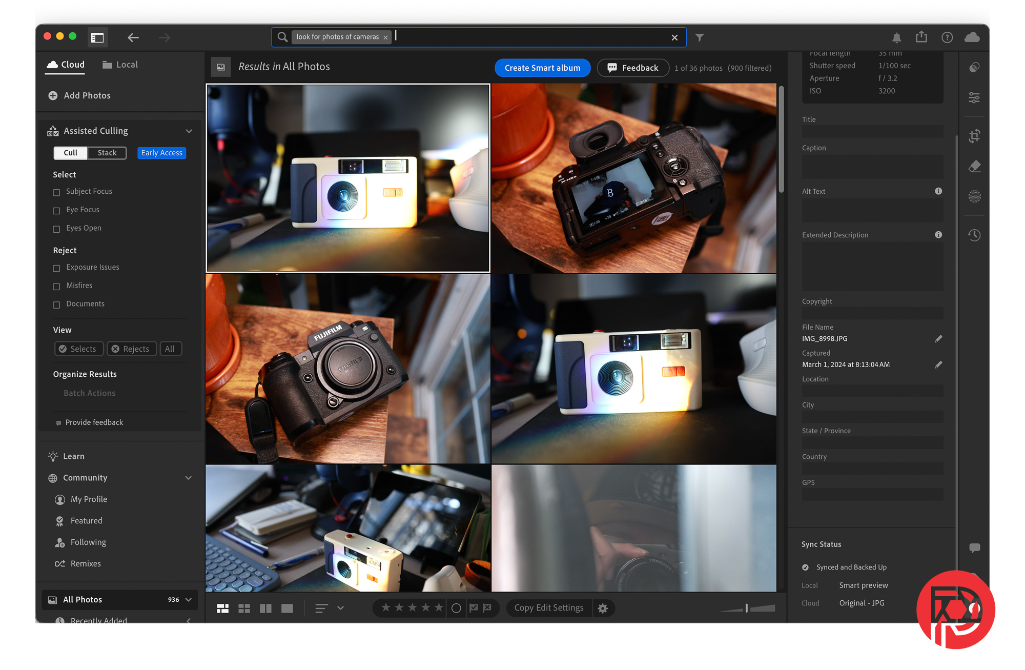 A photo management app window displaying six images of cameras and camera gear on a dark workspace.