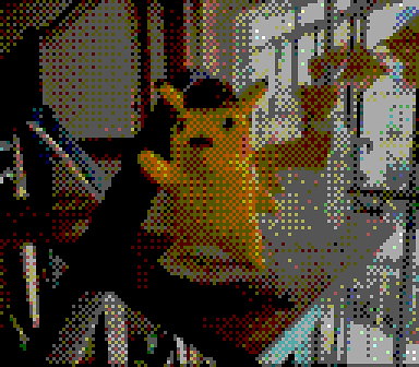 A Pikachu plush toy wearing a hat is displayed near a window with sunlight streaming in.