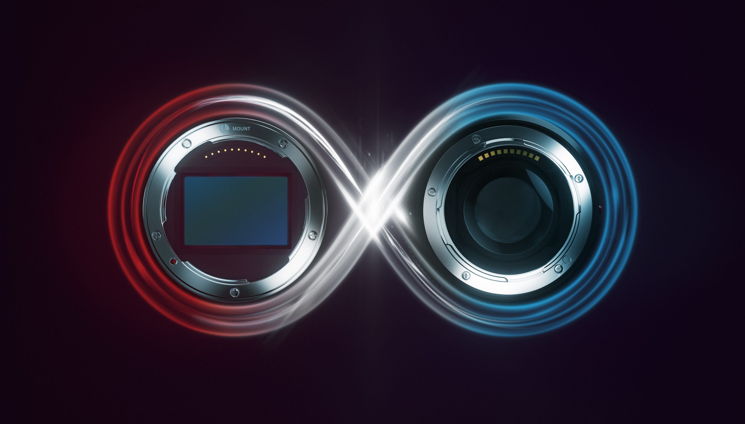 Two camera lens mounts connected by a glowing infinity symbol with red and blue light accents.