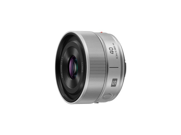 A silver Panasonic 40mm camera lens with a black front element, shown on a white background.
