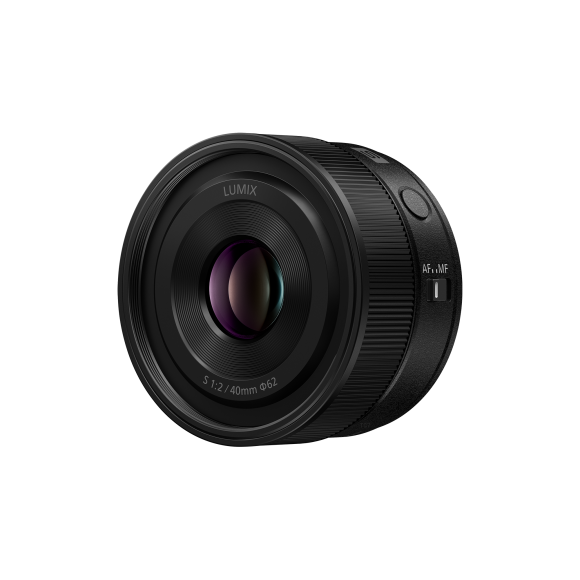 A black Lumix camera lens with a focus switch, displayed on a plain white background.