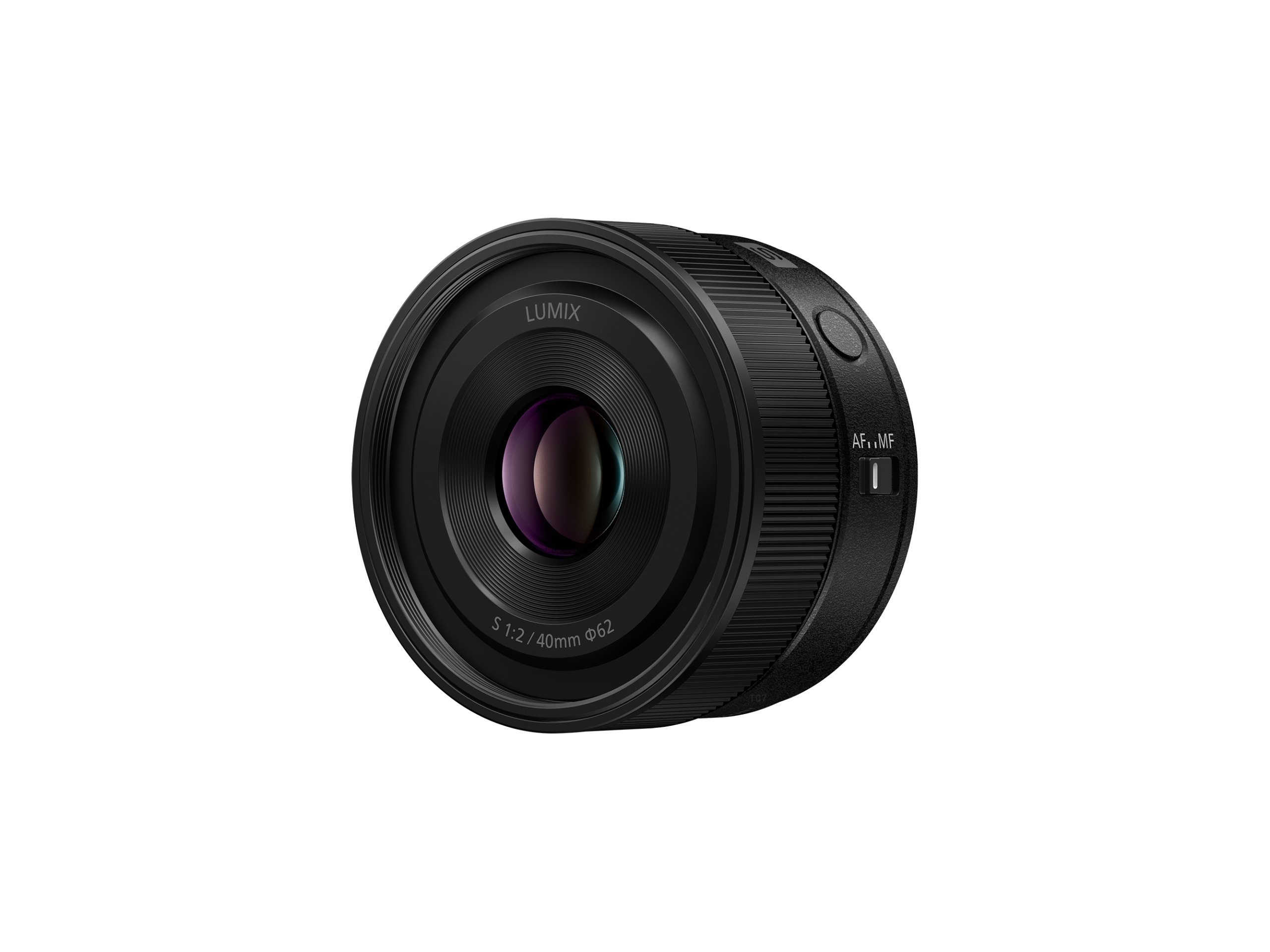 A black Lumix camera lens with a focus switch, displayed on a plain white background.