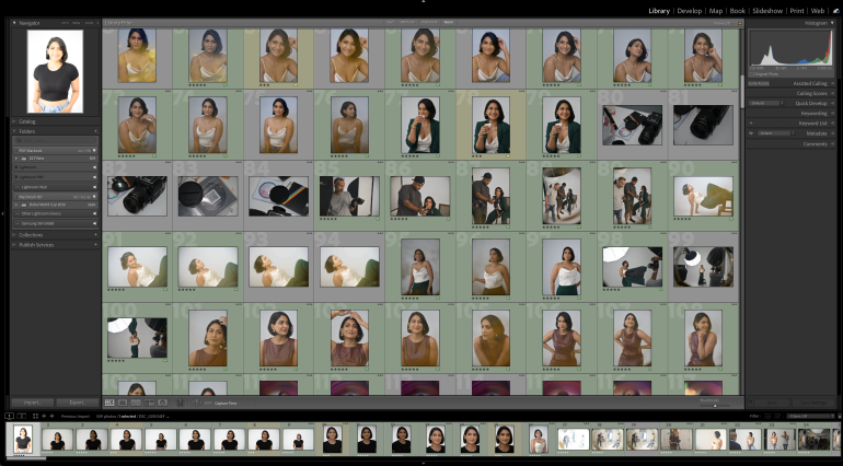 A computer screen displays a photo grid in editing software, showing various portraits of a woman in different poses.