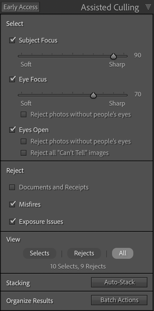 Screenshot of photo culling settings with sliders for subject and eye focus, and various selection options checked.