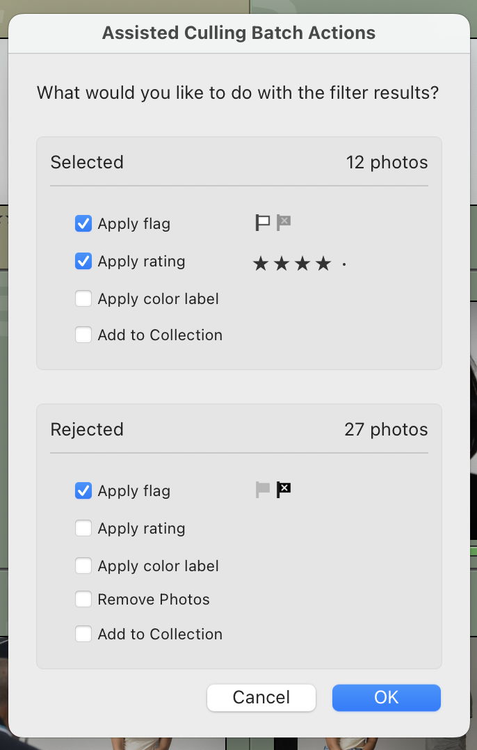 A dialog box shows batch actions for selected and rejected photos, with options like flag, rating, and color label.