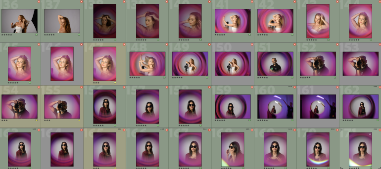 Grid of portrait photos featuring women posing against pink and purple circular backdrops, numbered 36 to 64.