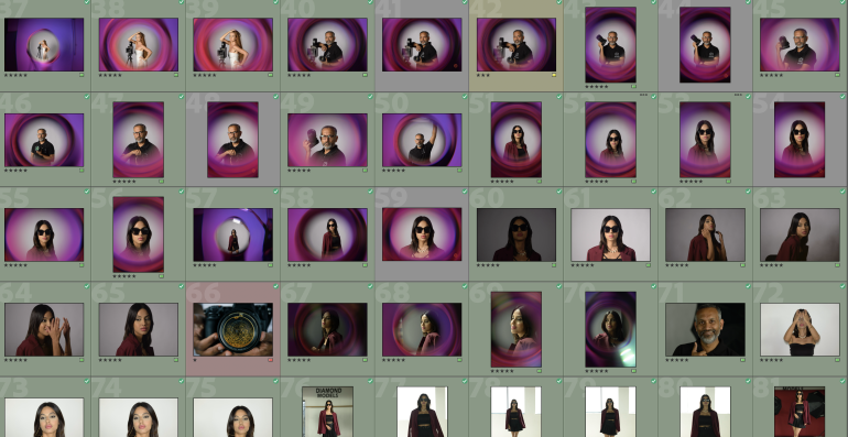 Contact sheet with portraits of men and women against purple and gray backgrounds, some wearing sunglasses.