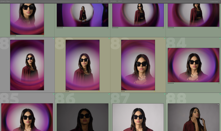 A woman in sunglasses poses against pink and purple backgrounds in a photo editing software grid view.