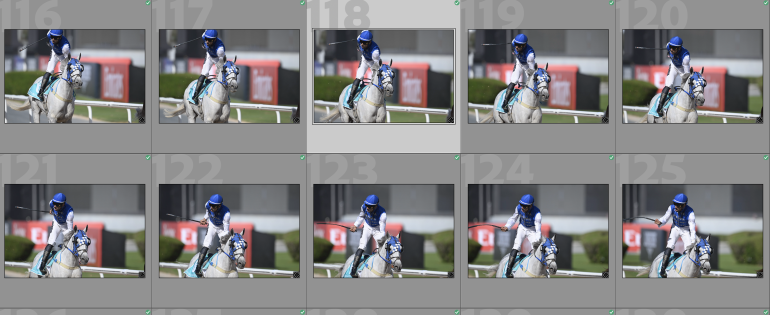 A jockey in blue and white rides a white horse during a race, seen in a sequence of action shots.
