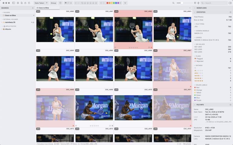 A selection of tennis action photos displayed in a computer photo management program.