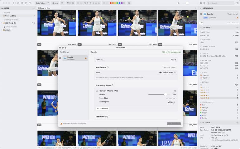 Computer screen showing a photo management app with tennis player images and an export settings workflow open.