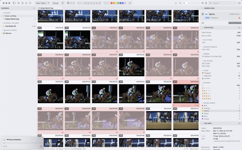 A computer screen shows a photo management app with thumbnails of horse racing images, some highlighted in red.