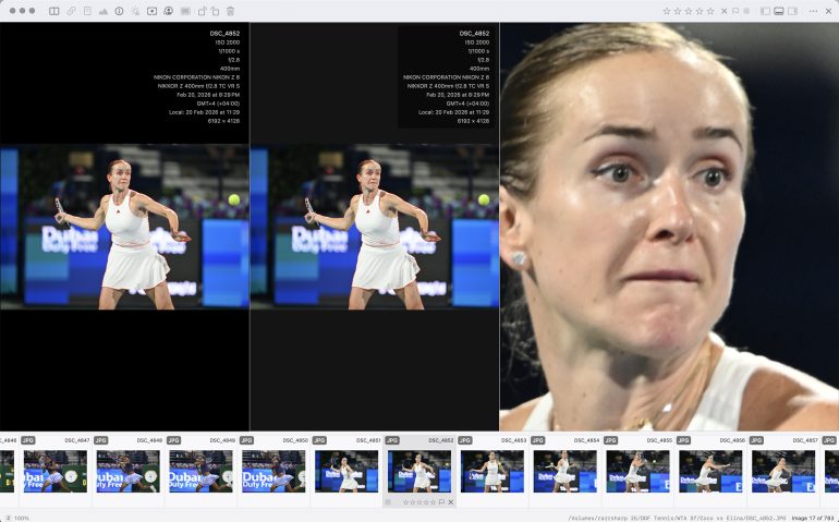 A tennis player in a white outfit prepares to hit a ball; her focused face is shown in a close-up on the right.