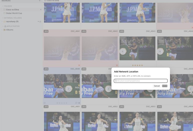 A computer screen shows a photo library with a pop-up window to add a network location for photos.