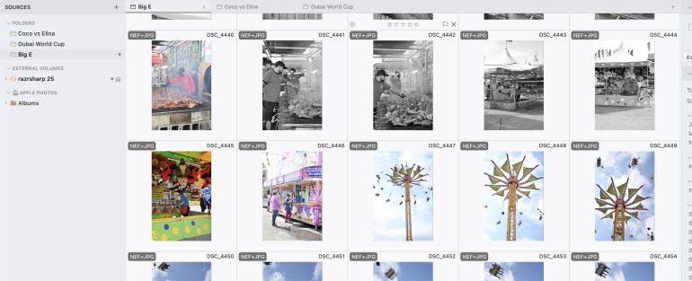 A photo management software window displays thumbnails of carnival and market scenes in a folder named Big E.