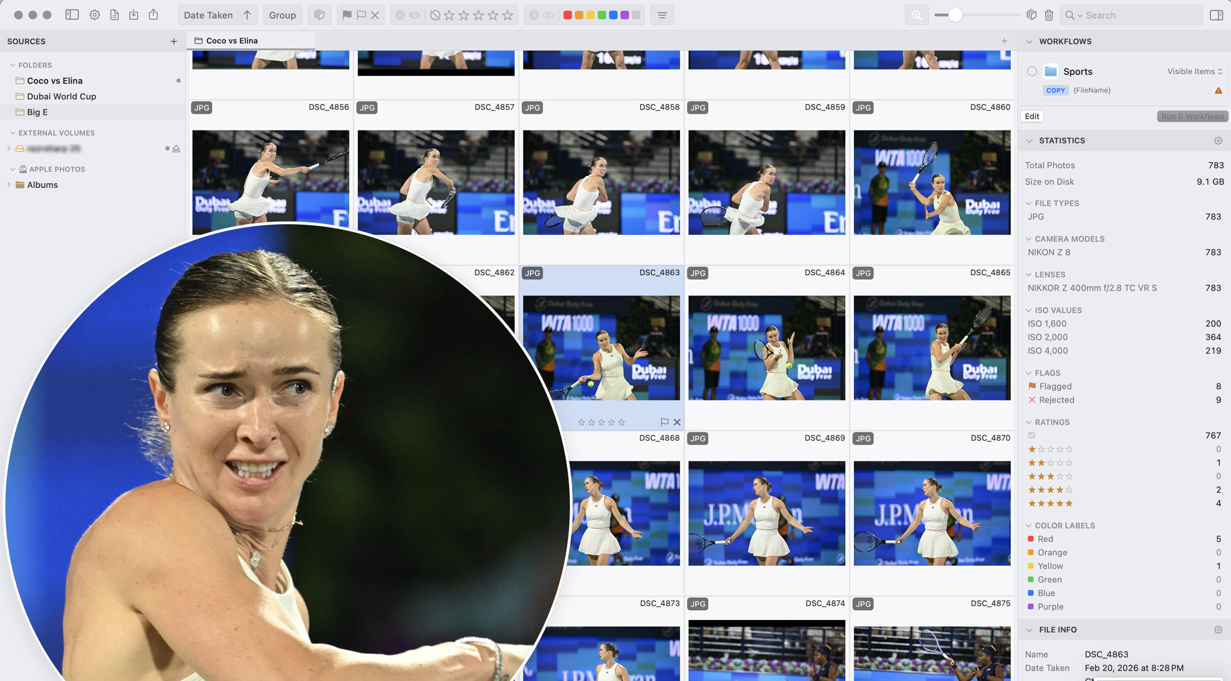 A computer screen shows photo thumbnails of a female tennis player in action, with one image zoomed in.