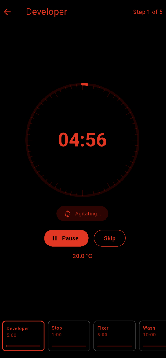 A timer set to 4:56 with Pause, Skip, and Agitating... buttons on a black and red interface.