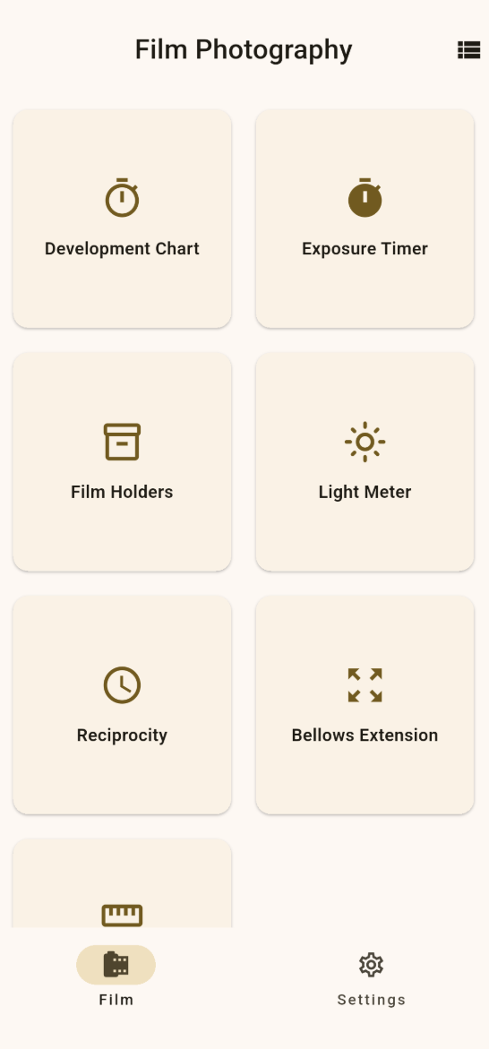 Mobile app menu for film photography with six main feature icons and tabs for Film and Settings at the bottom.