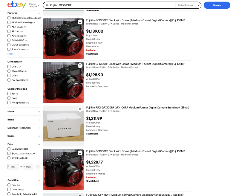 EBay search results for Fujifilm GFX 100RF cameras, showing listings, prices, and item photos on a white background.