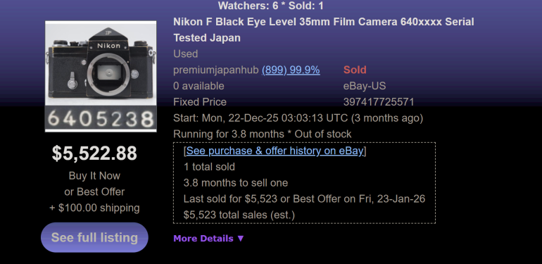 Screenshot of a Nikon F film camera eBay listing, sold for $5,522.88 with 1 total sale shown.
