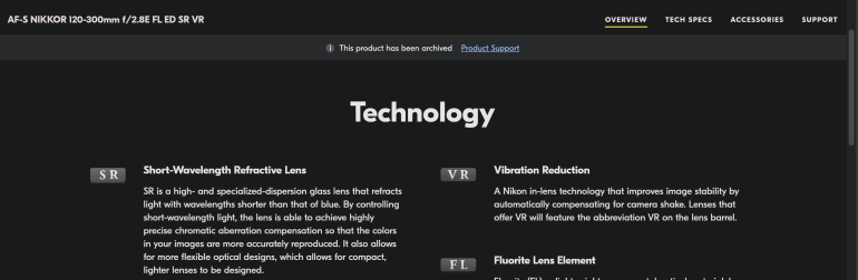 Screenshot of a camera lens product page highlighting technology features like SR, VR, and Fluorite lens elements.