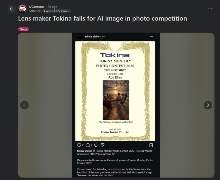 Screenshot of a social post showing Tokinas photo contest winner, later revealed as an AI-generated image.