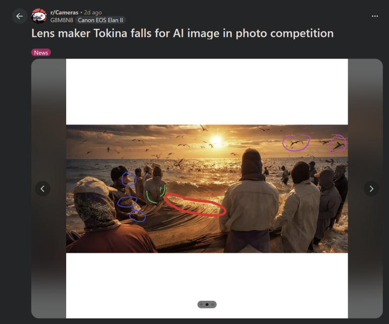 A group of people stand by the shore at sunset; birds fly above and colored circles highlight image details.