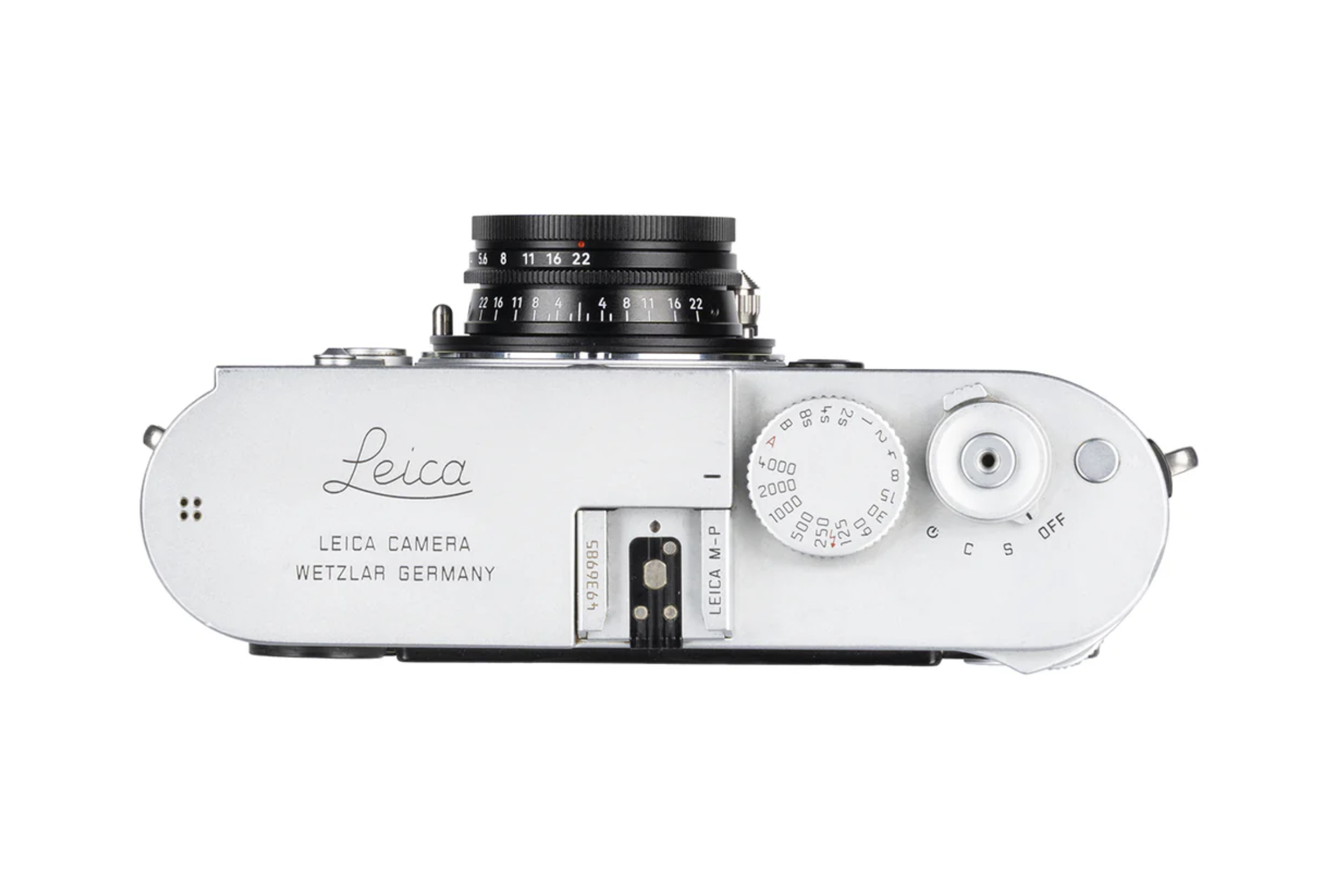 Top view of a silver Leica film camera showing dials, lens, and engraved branding.