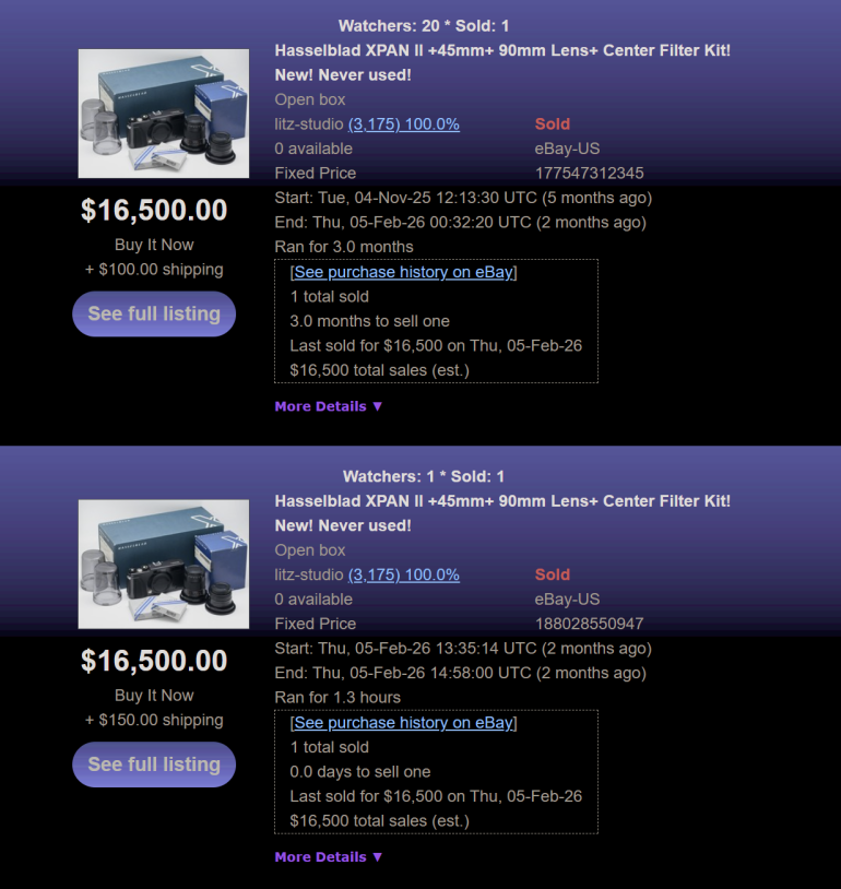 Two identical eBay listings for a Hasselblad XPAN II camera kit, each priced at $16,500 with lens and filter.