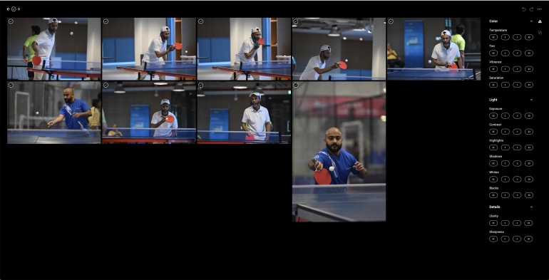 A sequence of photos shows two men playing table tennis indoors, each holding a paddle mid-action.