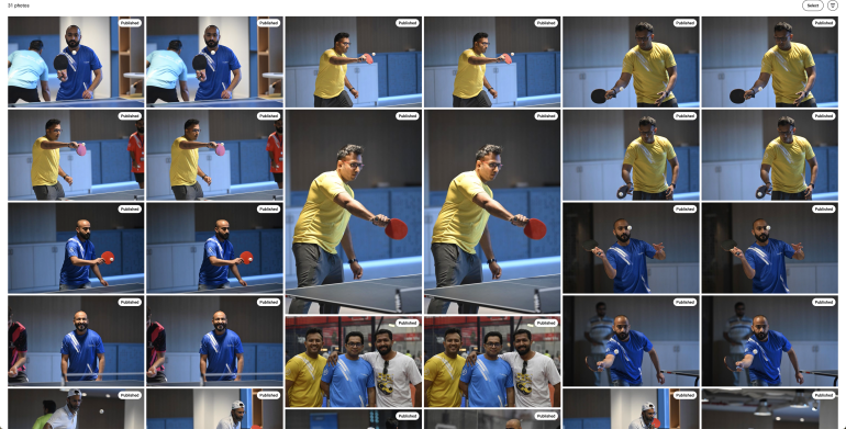 A collage of men playing table tennis indoors, featuring action shots and group photos.