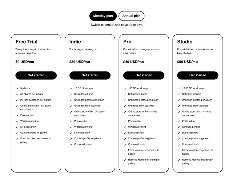 Pricing table comparing Free Trial, Indie, Pro, and Studio plans for a photo service, with features listed.