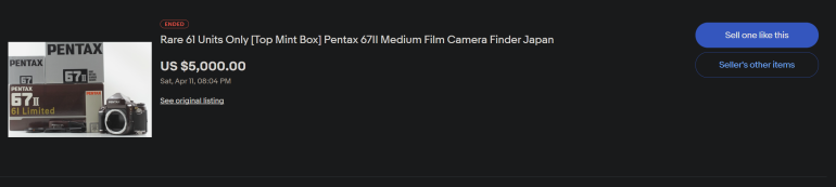 Pentax 67II film camera with box and accessories listed for sale at $5,000 on an online marketplace.