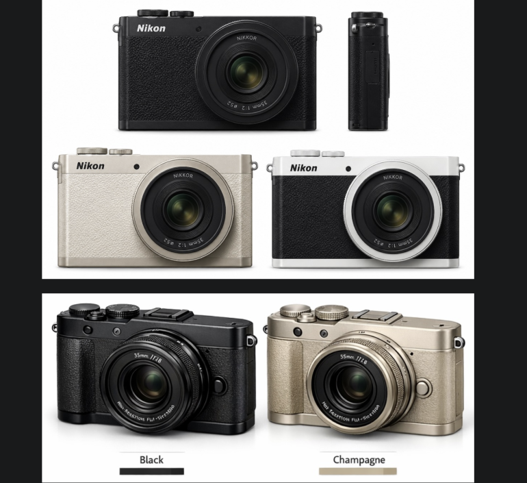 Six Nikon cameras in black, champagne, and white, shown from the front and top views on a white background.