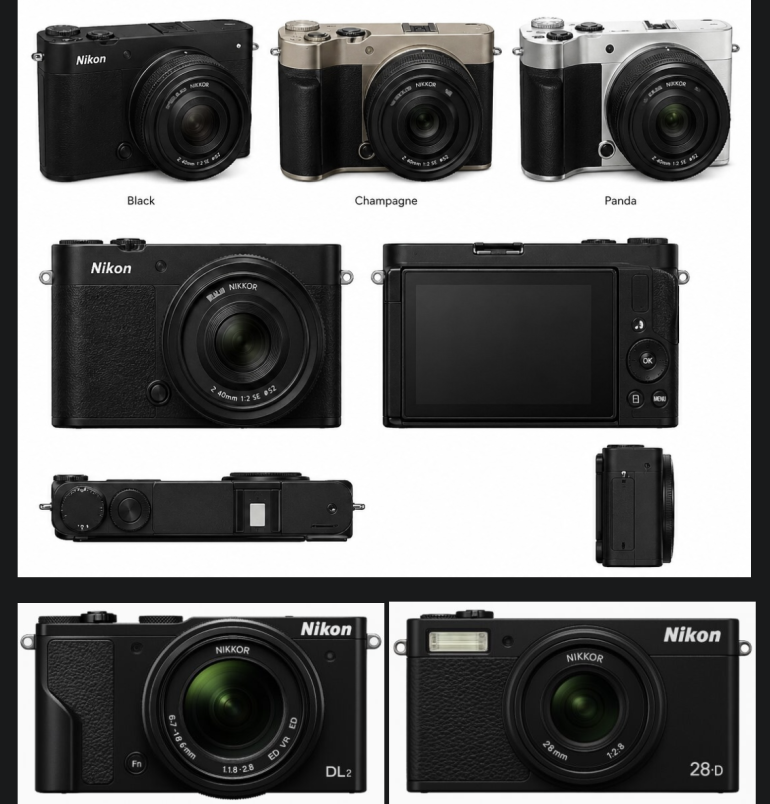Three Nikon cameras in black, champagne, and panda colors, shown from multiple angles and models.