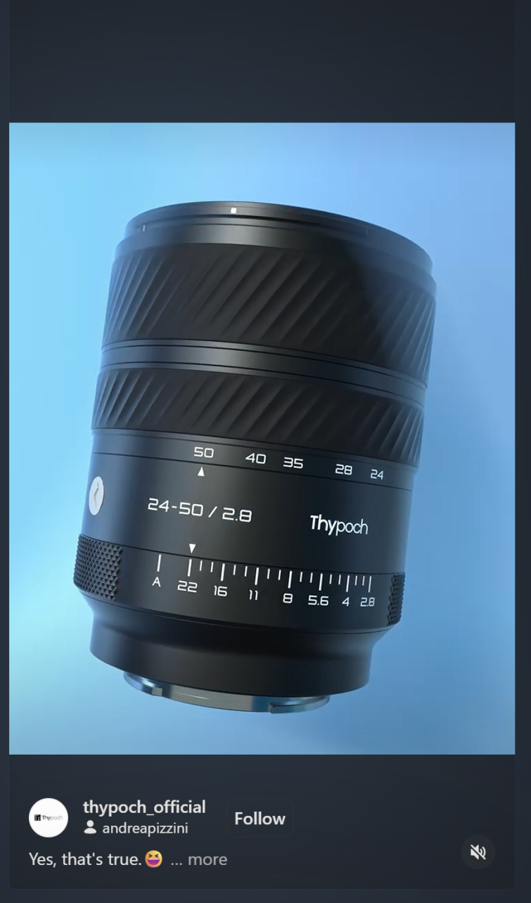 A Thypoch 24-50mm f/2.0 camera lens is displayed on a light blue background.