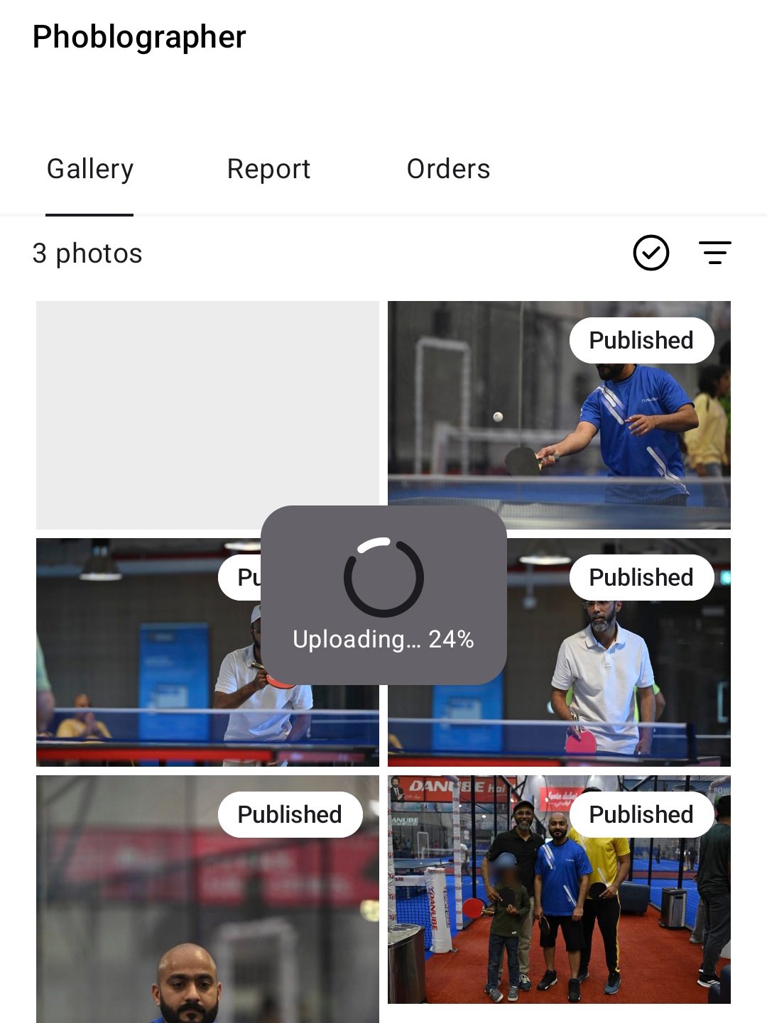 Screenshot of a gallery page showing people playing table tennis, with images being uploaded and marked as Published.