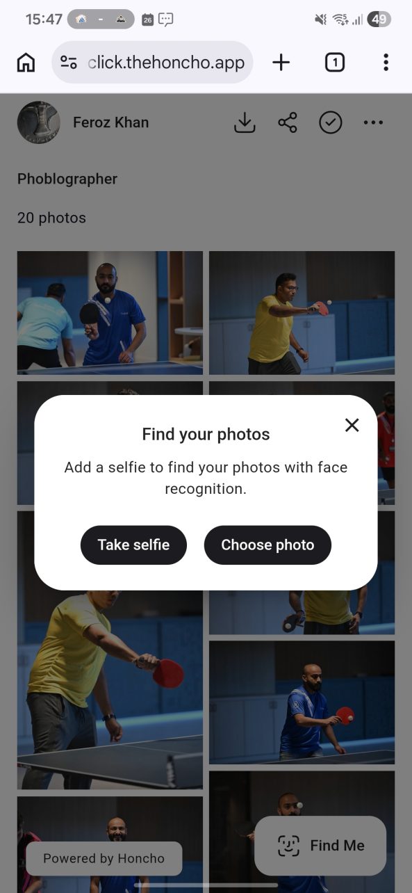 A phone screen shows a table tennis photo gallery with a pop-up to add a selfie for face recognition.