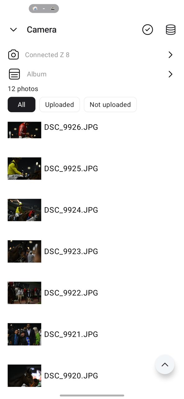 A phone screen shows a camera album with 12 photos listed by filename, some showing people and horses.