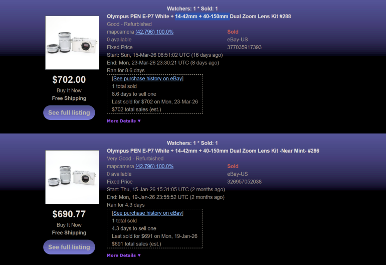 Two eBay listings for Olympus PEN E-P7 camera kits with lenses, priced at $702 and $690.77, both sold.