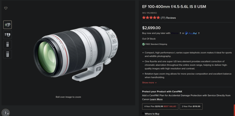 Canon EF 100-400mm f/4.5-5.6L IS II USM telephoto lens displayed on a product page with pricing details.