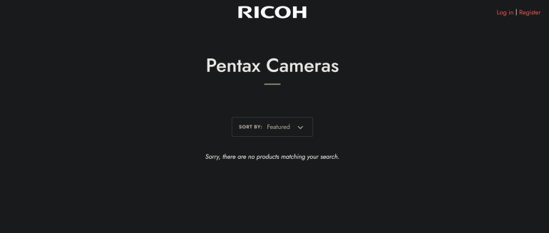 Pentax Cameras page showing no products found, with Ricoh logo and sort dropdown menu.