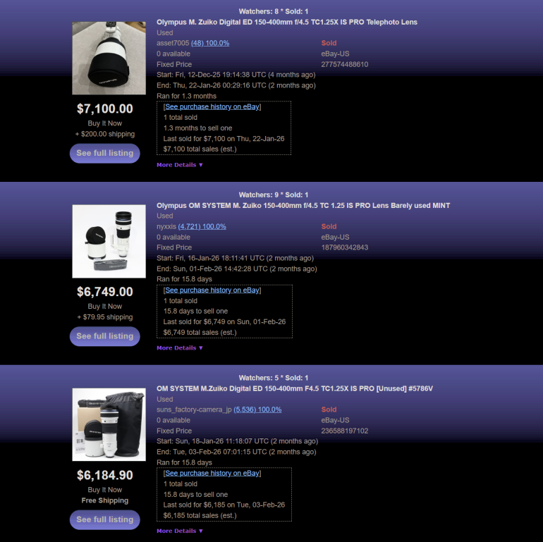 Three online listings for Olympus camera lenses, each with price, photos, and brief item details on a dark background.