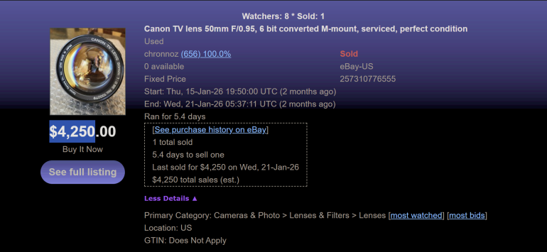 Screenshot of a sold Canon TV lens listing on eBay, priced at $4,250, showing item details and stats.