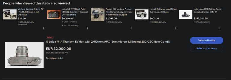 Leica M-A Titanium Edition camera with 250mm lens, priced at EUR 32,000, shown in an online listing.